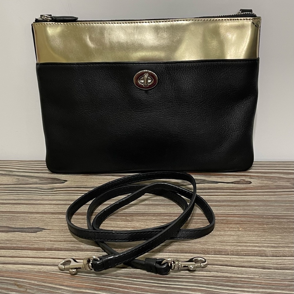 Coach Legacy Turnlock Mirror Gold Metallic Black Leather Crossbody Bag Clutch - Picture 6 of 16